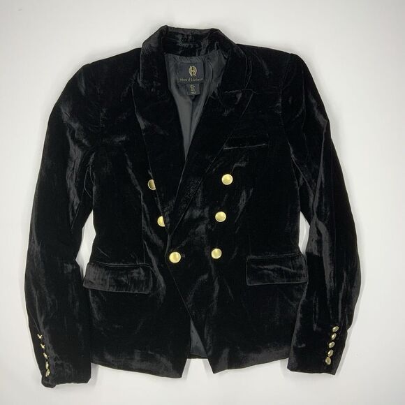 HOUSE OF HARLOW 1960 WOMANS DOUBLE BREASTED‎ BLACK VELVET BLAZER JACKET Small S - Picture 1 of 7